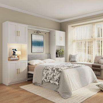 Farmhouse Murphy Bed Queen, 85" Wall Bed Folds to Save Space, Concealed Bed Frame with 2 Storage Cabinets and Wall