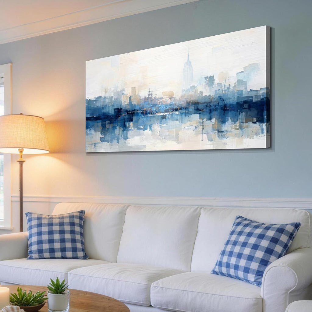 NY Skyline Wall Art Abstarct Cityscape Canvas Painting 40"x20" | new york print blue white NYC picture artwork framed