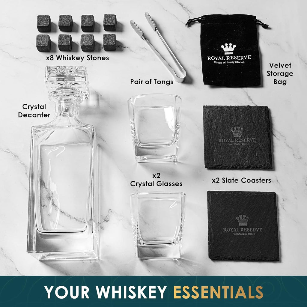 Whiskey Decanter Gift Set by - Liquor Bourbon Decanter 24 oz 750 ml with Glasses, Chilling Stones, Coasters and Tong