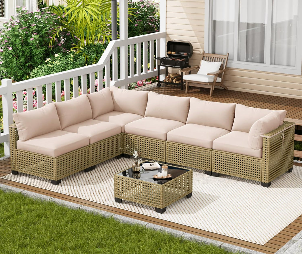 7 Piece Outdoor Patio Furniture Set, Outdoor Sectional Sofa, Wicker Rattan Patio Furniture, Patio Conversation Set
