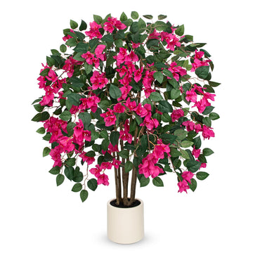 3.94ft Artificial Bougainvillea Tree in White Pot, Hot Pink Large Silk Flower Tree Faux Potted Tree for Indoor