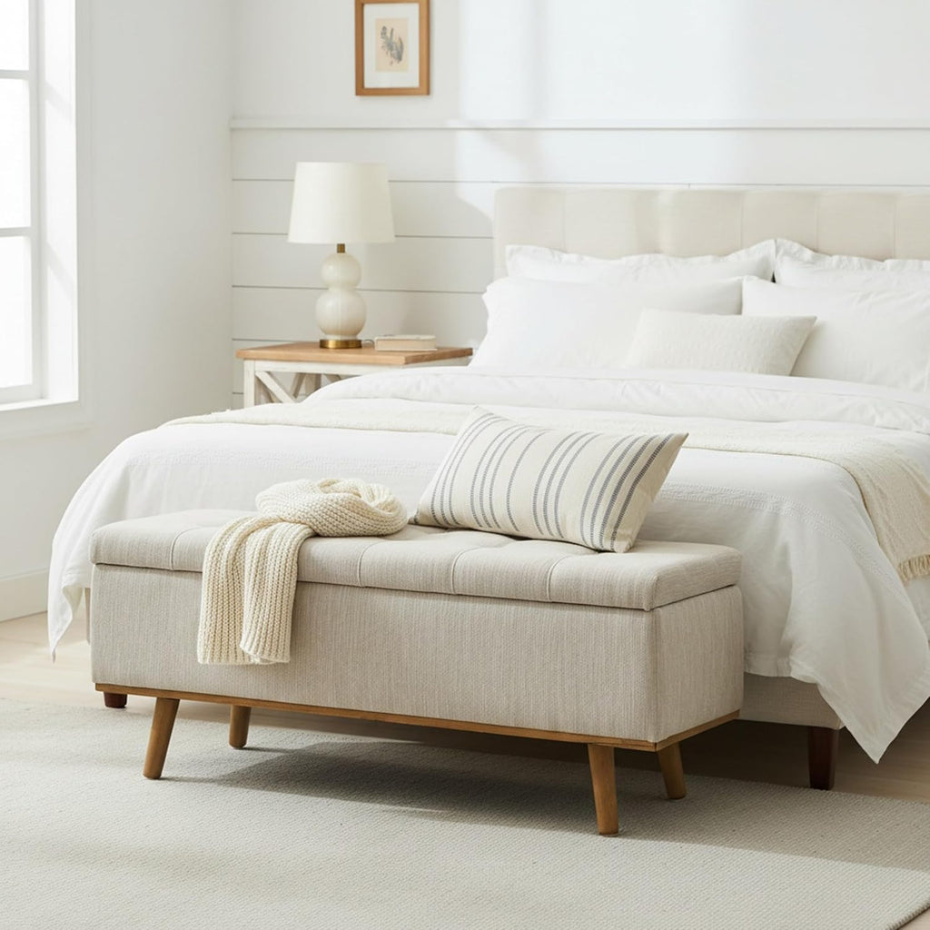 Storage Ottoman Bench, 45" End of Bed Bench, Beige | Hidden Storage Space, Linen Upholstery, Padded Cushion Top