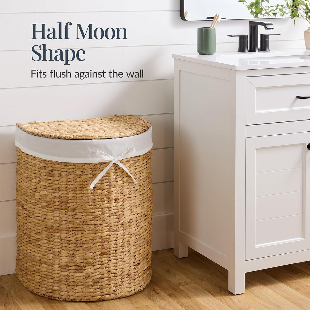 Half Moon Laundry Hamper w/Lid, Woven Half Round Laundry Basket, w/Removable Liner & Bult-in Handles & Laundry Room