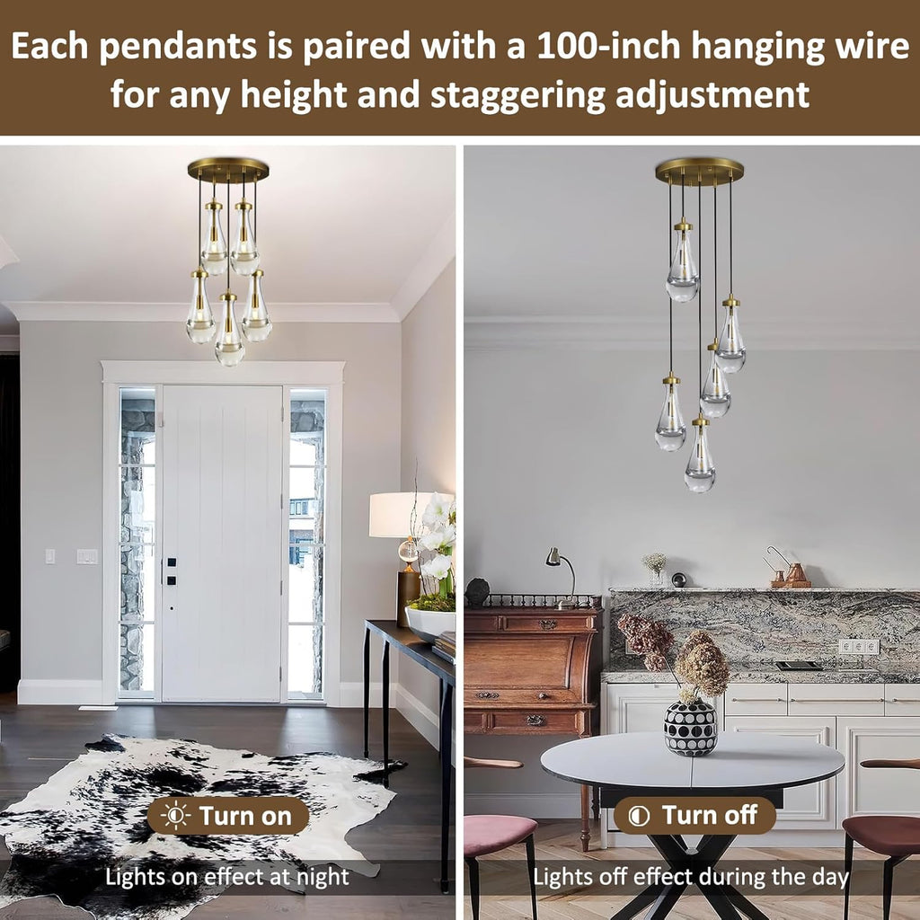 5-Light Raindrop Pendant Light Fixtures, Brass Glass Pendant Lighting, Teardrops Modern Hanging Light for Entryway Foyer Kitchen Island Dining Living Room Hallway