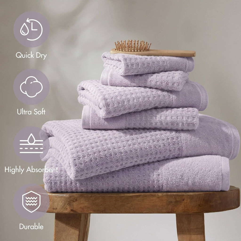 Park Spa Waffle 100% Cotton Bath Towel Set, 600 GSM, 6 PC, Lilac | Plush, Quick Dry & Highly Absorbent, Hotel & Spa