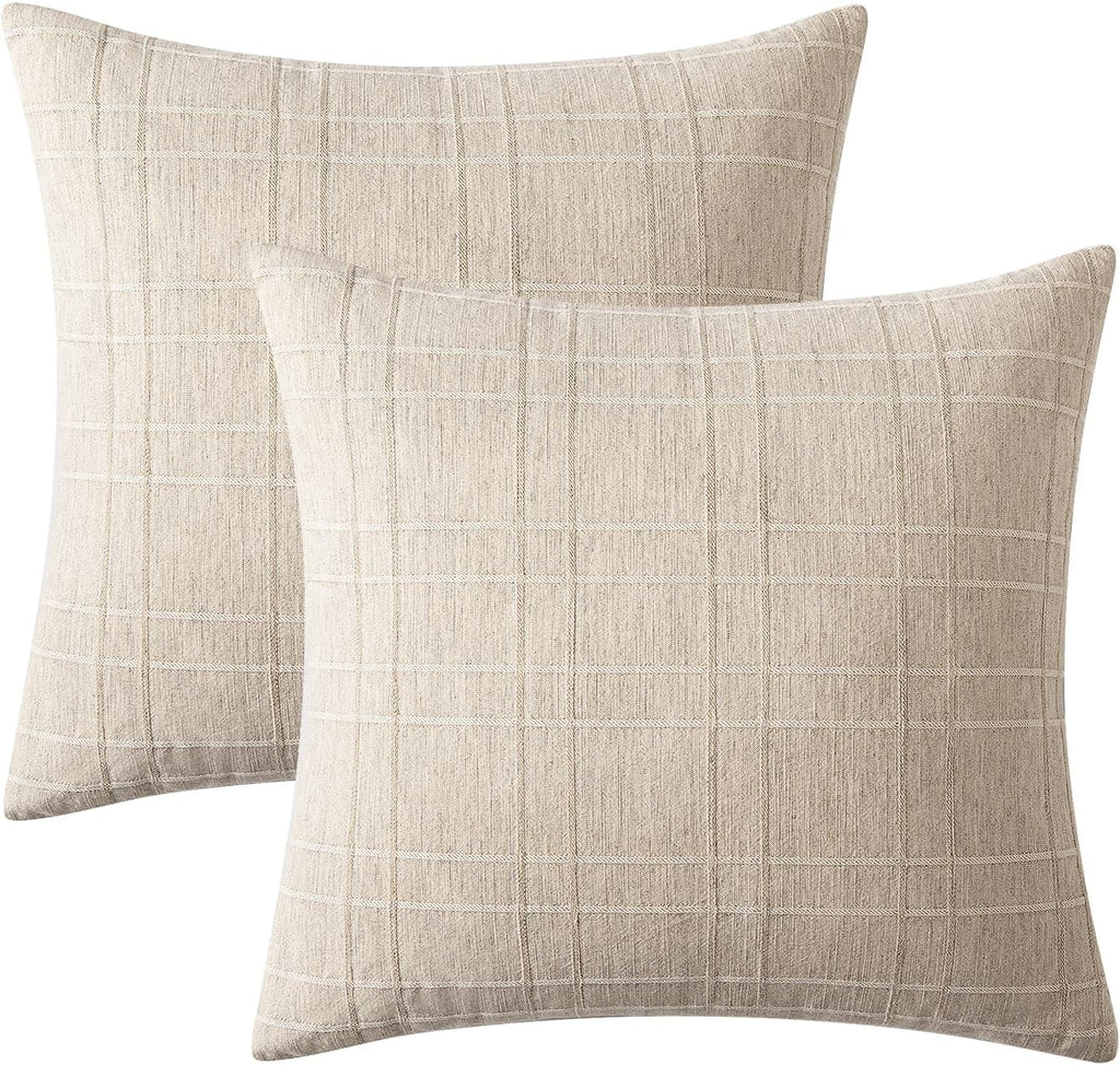 Decorative Linen Check Euro Shams Throw Pillow Covers Neutral Farmhouse Vintage Pillow Covers 26x26 Set of 2 Boho
