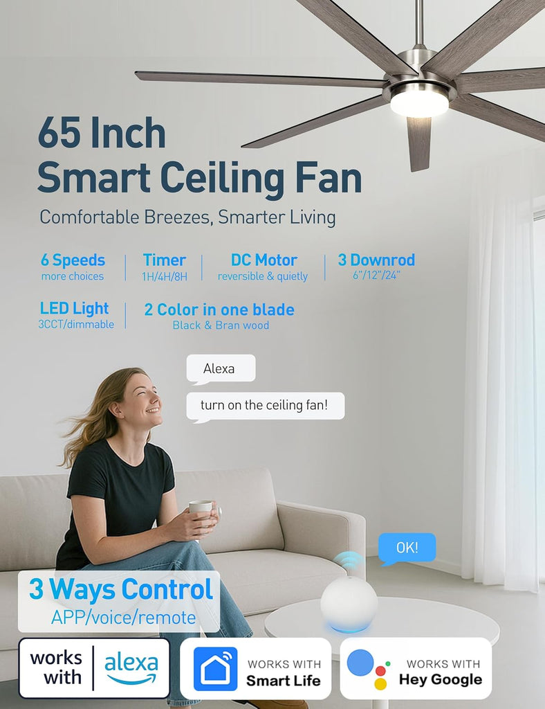 65 Inch Large Smart Ceiling Fan with Light and Remote via WIFI Alexa APP Control,Dimmable