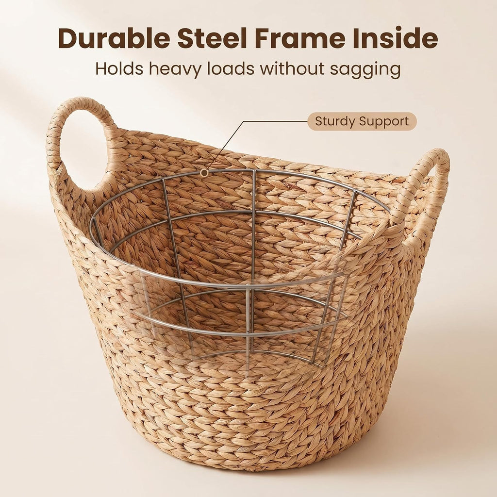 Extra Large Water Hyacinth Woven Storage Basket - Boat-Shaped with Handles & Steel Frame, Natural Decorative Bin for