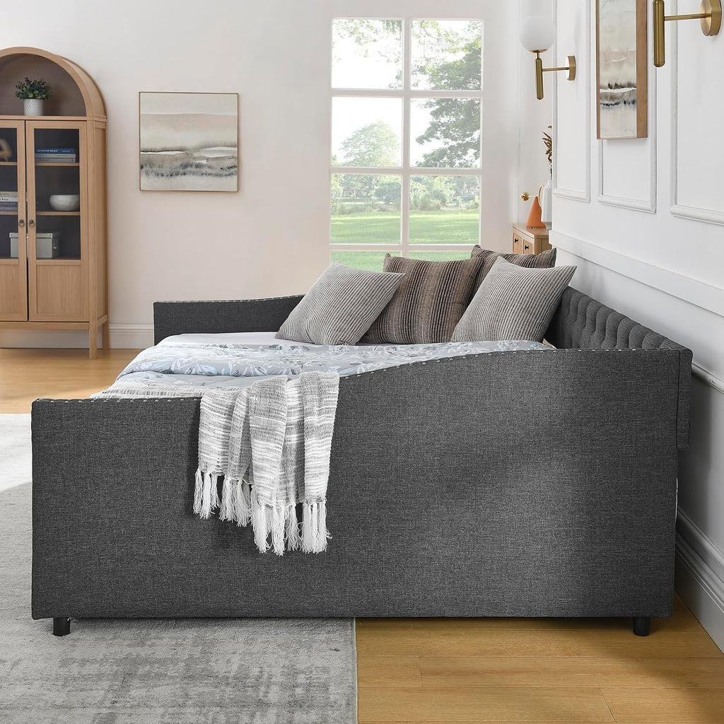 Wood Queen Size Daybed, Day Bed Frame with 2 Storage Drawers, Upholstered Bed Frame Queen Sofa Bed with Button and