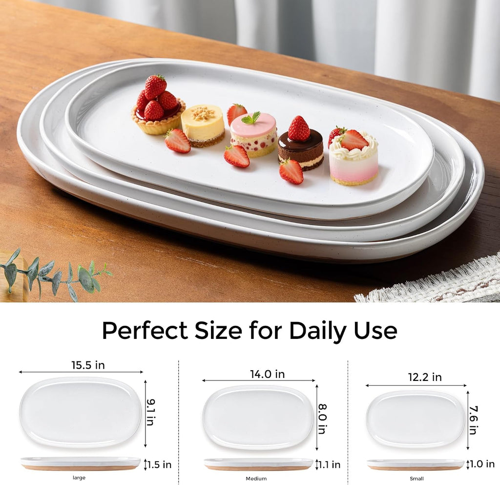 Large Ceramic Serving Platter, 15.5"/14"/12.2" Oval Platters Microwave Safe, Serving Trays for Wedding, Stoneware