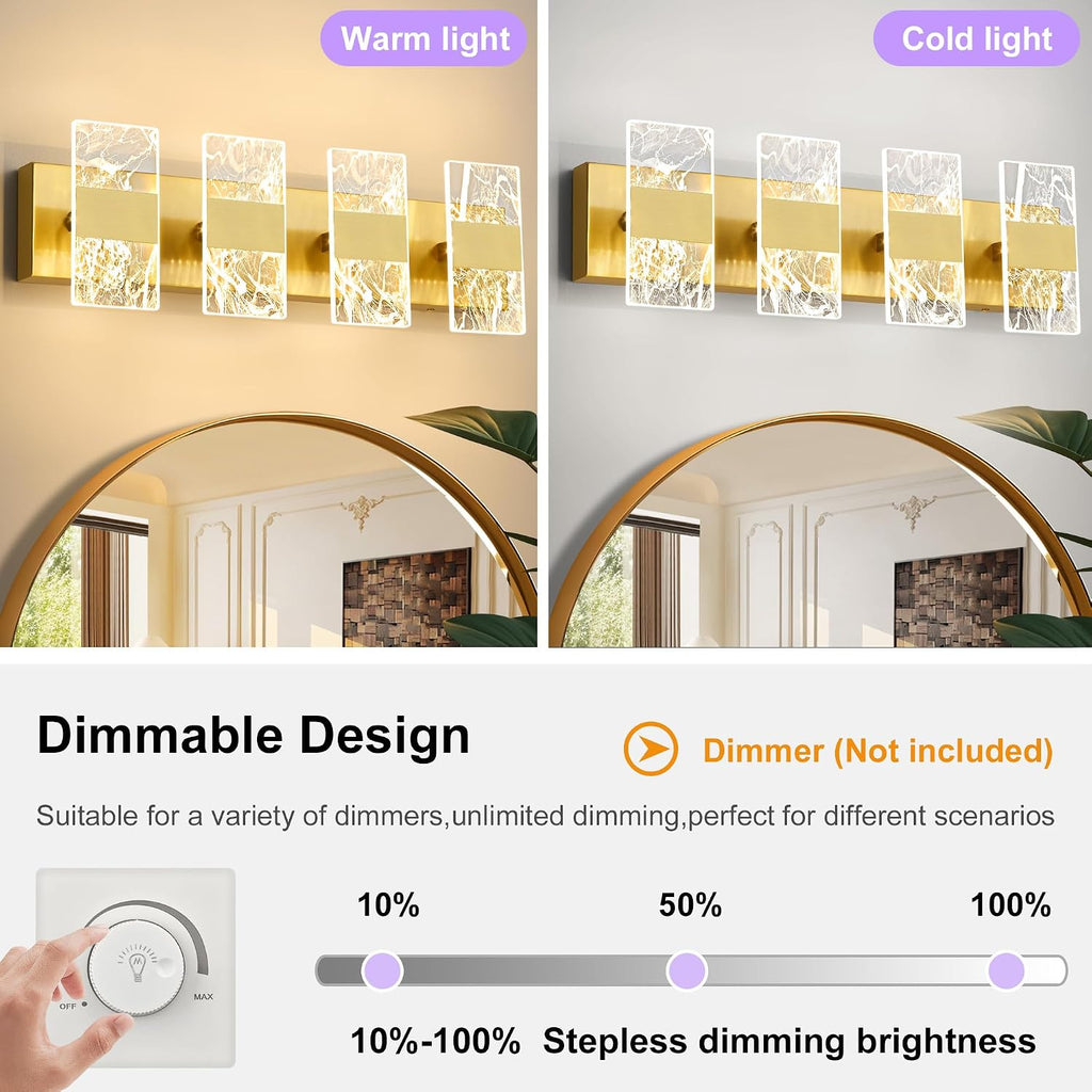 Modern LED Bathroom Light Fixtures Dimmable 4-Light Gold Vanity Light | 5CCT Adjustable Lighting Fixture Vanity
