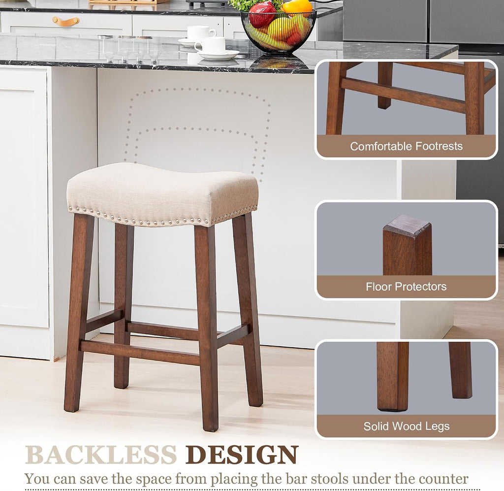 Counter Height Bar Stools Set of 3-26 Inch Backless Saddle Barstools with 4.3" Thick Upholstered, Nailhead Trim Linen