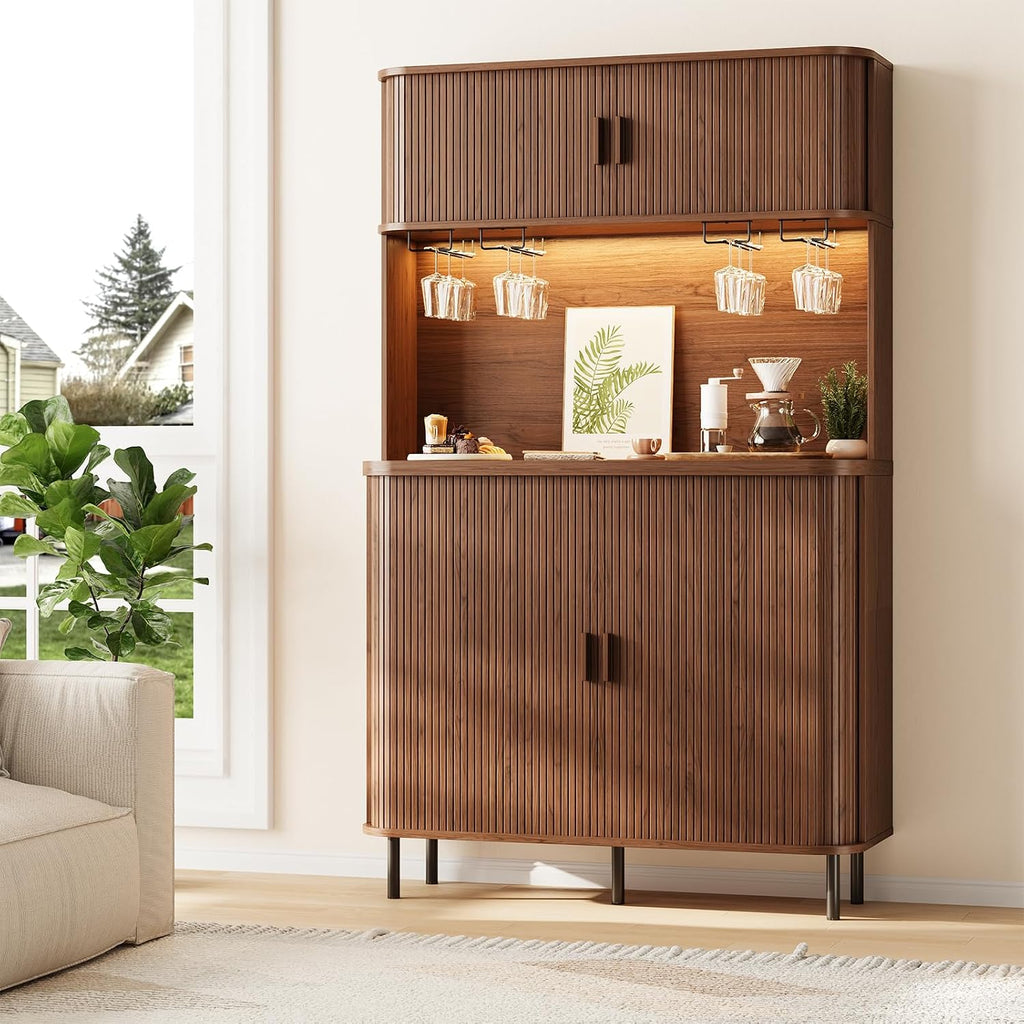 71" Tall Fluted Wine Bar Cabinet with Storage Walnut
