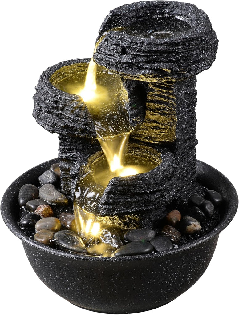 Rock Style Tabletop Fountain with LED Light - Indoor Waterfall Feature or Office Décor, Relaxing Zen Desktop Water