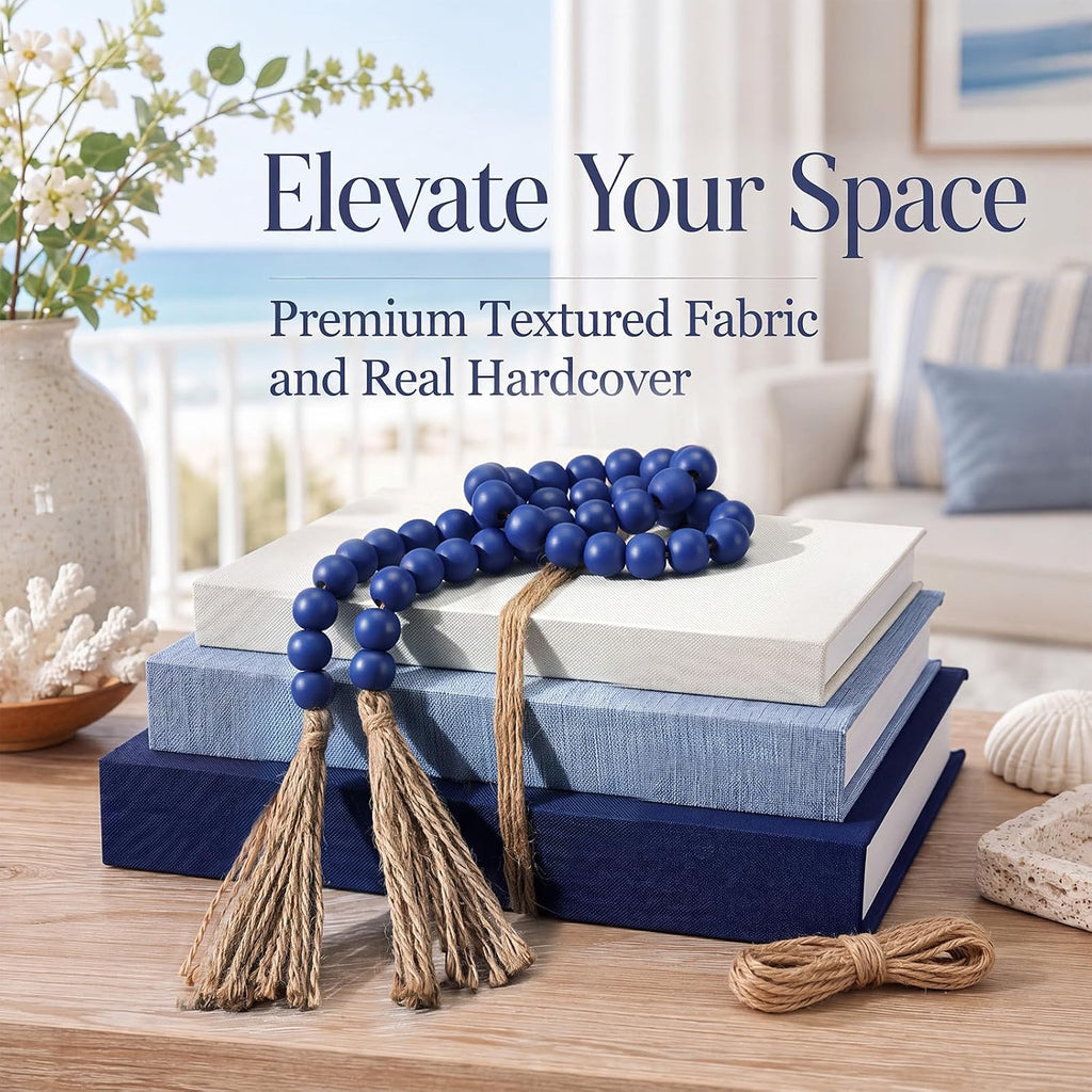 4 Pcs Linen Covered Decorative Books Coastal Home Decor for Coffee Table Aesthetic Blue Book Storage Boxes with