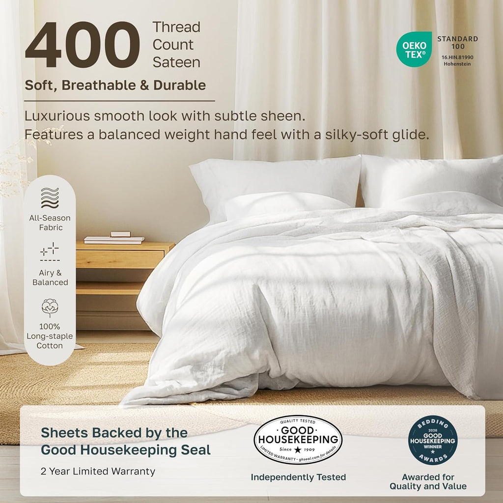 Soft 100% Cotton Sateen King Sheets Set, White