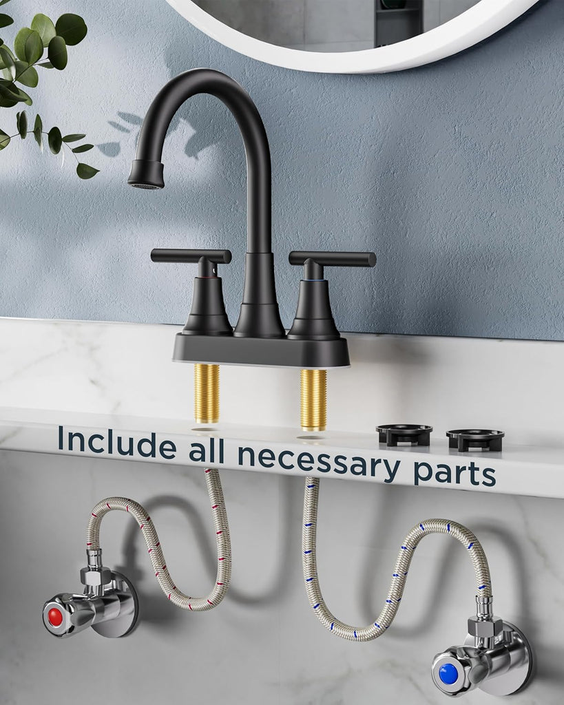 Matte Black Bathroom Faucets, 4 Inch Centerset Bathroom Sink Faucet 2 or 3 Hole with Pop up Drain and cUPC Hose