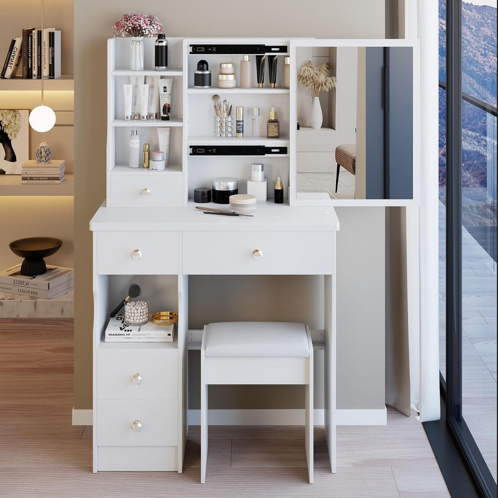 29.2" Small Space Makeup Vanity Table with Stool, Sliding Large Mirror Dressing Desk with Drawer Storage, Compact