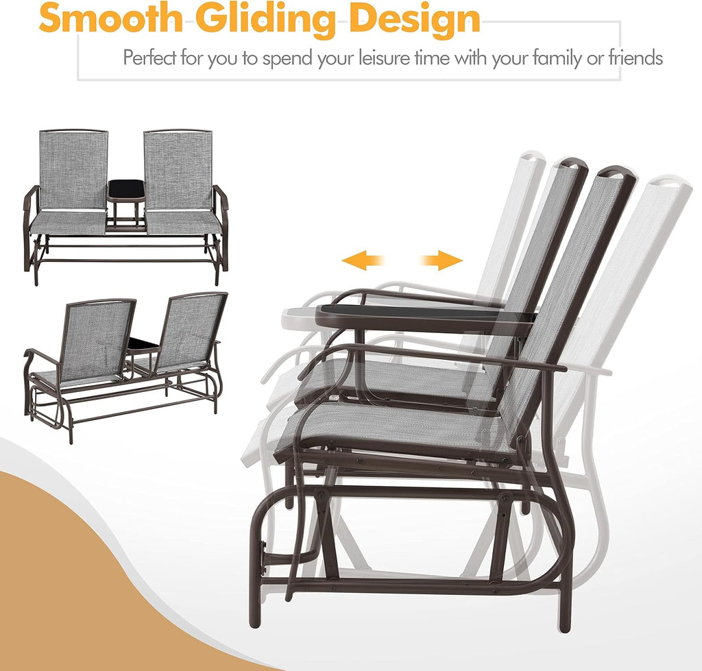Outdoor Glider Bench Patio Loveseat with Table, Gray | Steel frame, Texteline fabric and tempered glass table provide