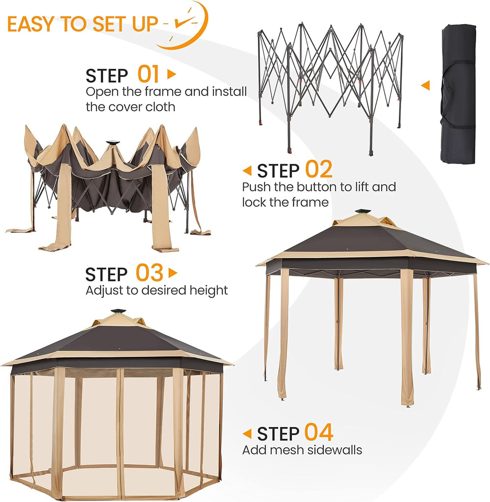 13×13 Pop-Up Patio Gazebo Tent W/Mesh Netting Sides & 25 Solar LED Lights