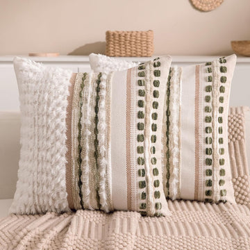 Boho Chenille Tufted Couch Throw Pillow Covers 18x18 Inch Set of 2 Farmhouse Striped Decorative Pillow Covers Accent