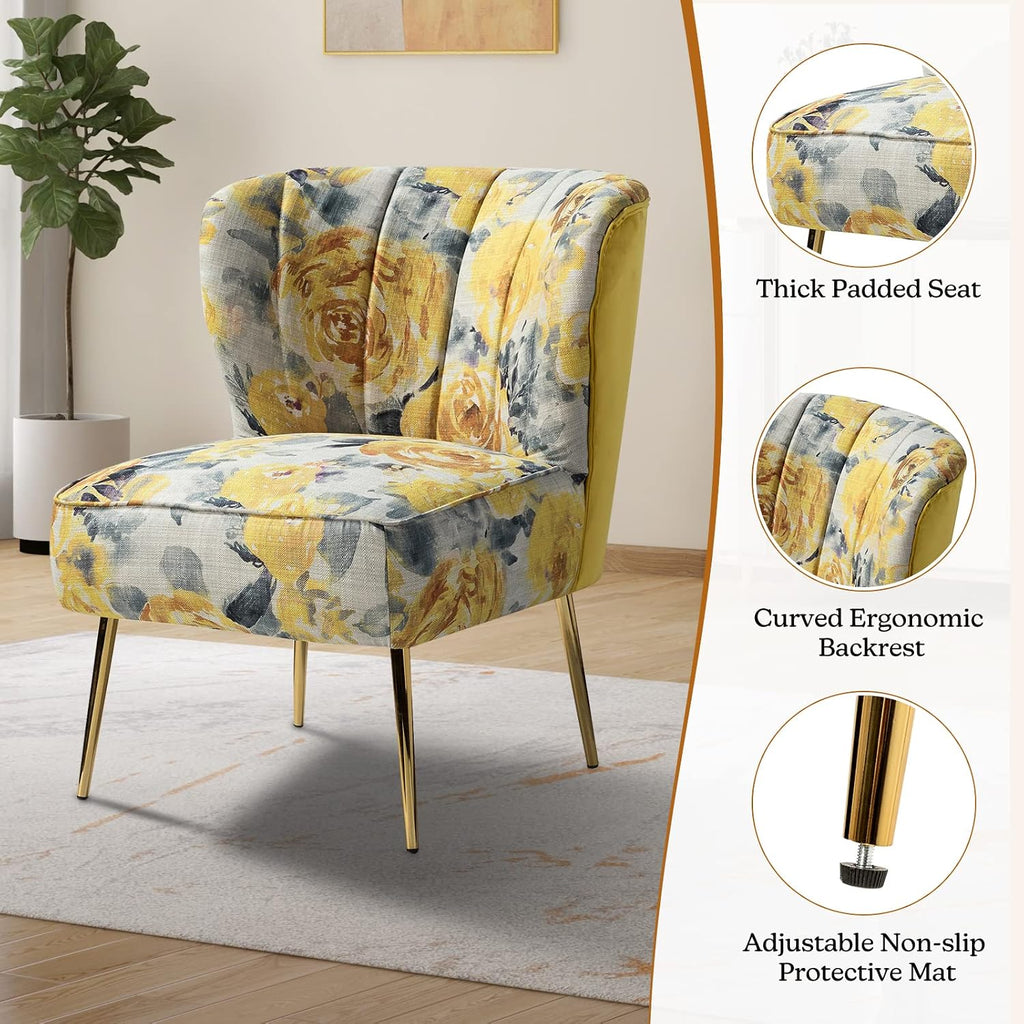 Accent Chair with Golden Legs, Comfy Tufted Wingback Living Room Chair Floral Fabric Small Armless Side Chair