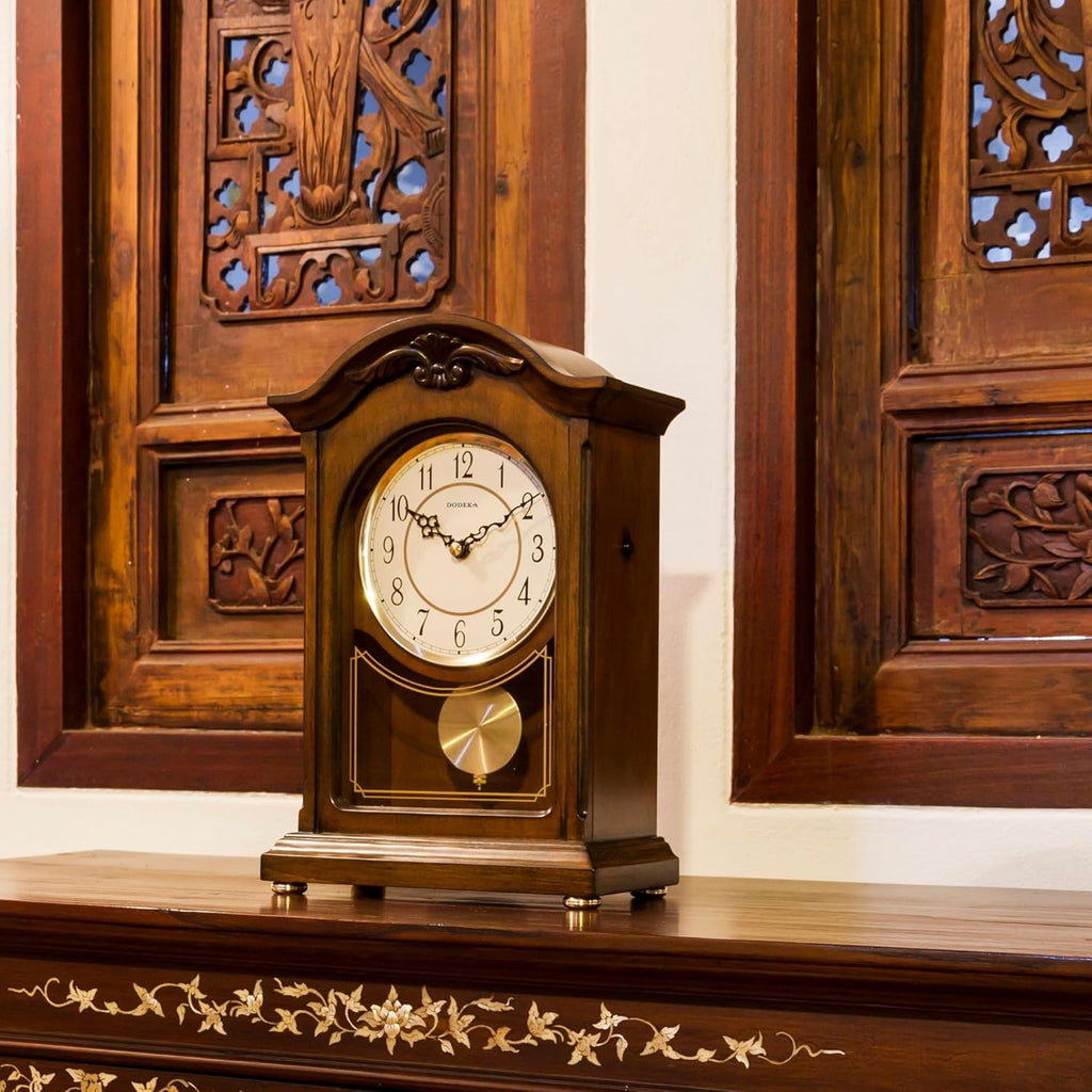 Wooden Mantel Clock TCW004DB Pendulum Carved Case Hourly Chime Classic Melody Antique Style for Fireplace