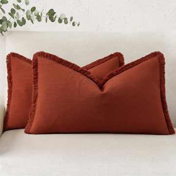 Linen Fringe Rust Throw Pillow Covers 12x20 Set of 2