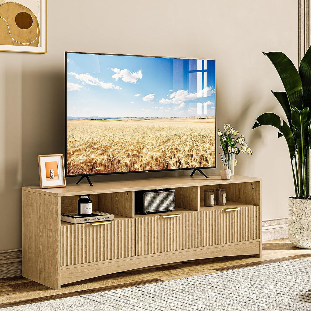 Fluted TV Stand for TVs Up to 65″, Mid-Century Modern Entertainment Center with Storage Drawers and Open Shelf, TV