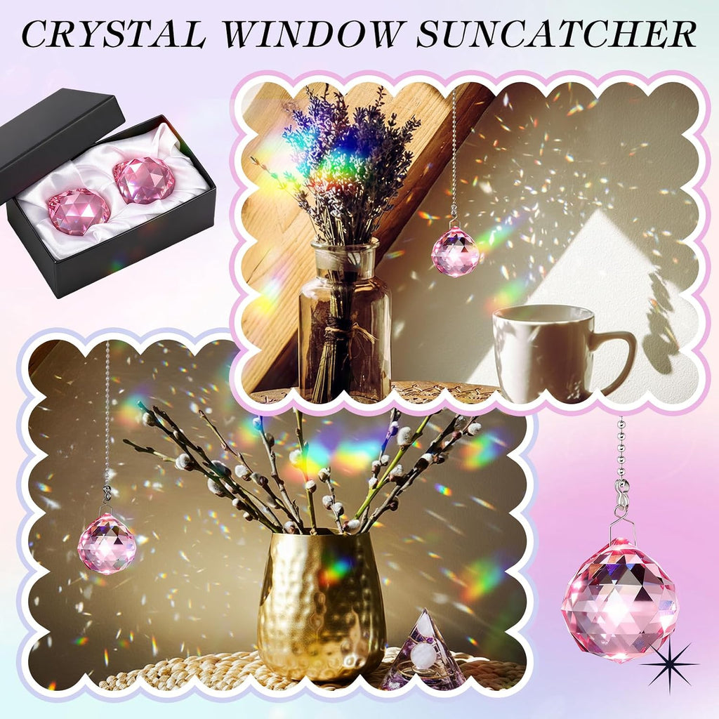 2 Pcs Crystal Prism Ball 40 mm Suncatcher with Chain Hanging Rainbow Pendants Prism for Windows Gift Feng Shui(Pink)