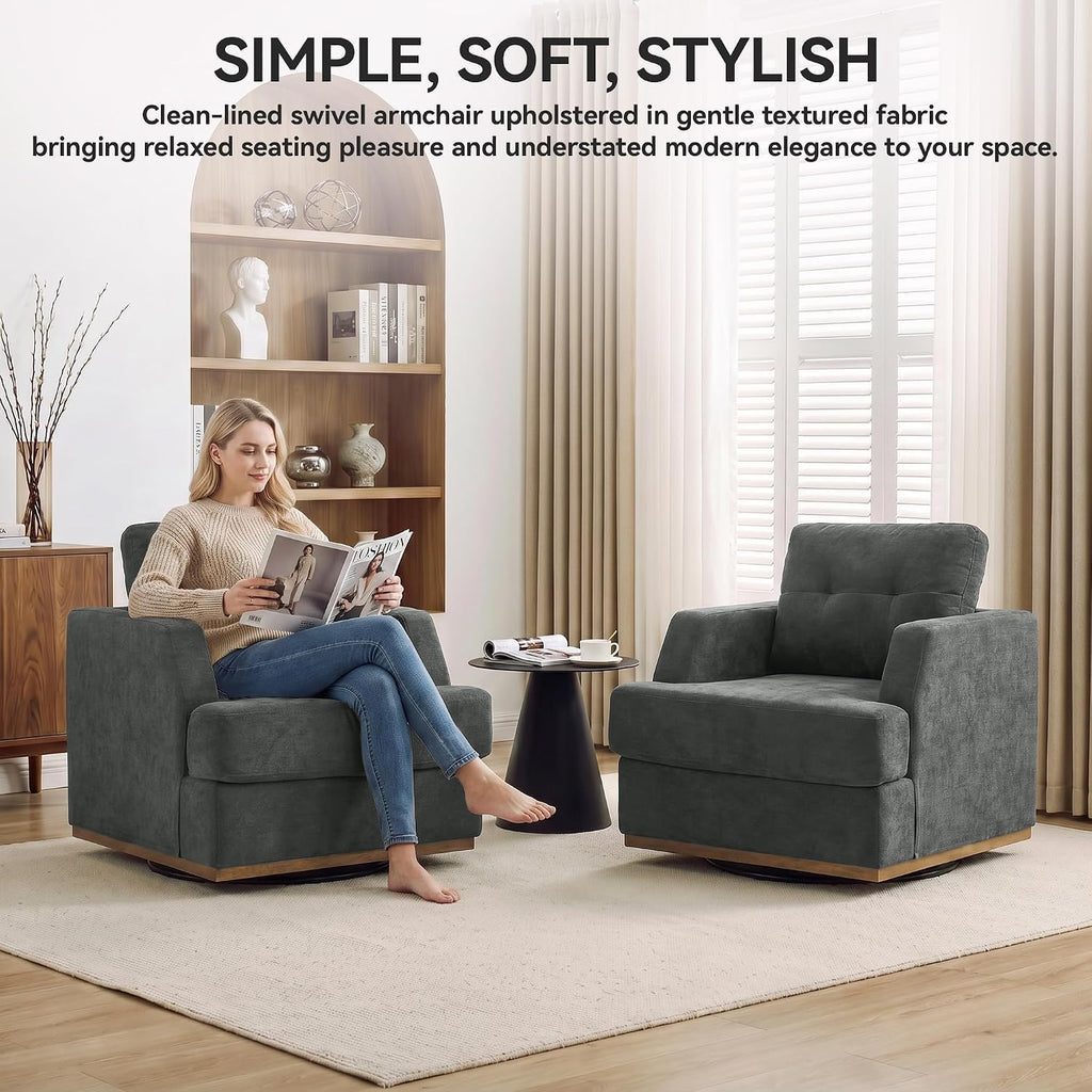 Swivel Accent Chair, 360° Rotatable Square Barrel Chair, Comfy Deep Seat Chenille Upholstered Living Room Chairs