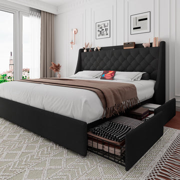 King Bed Frame with 4 Storage Drawers, Upholstered Platform Bed Frame with Type-C & USB Ports, Wingback Storage