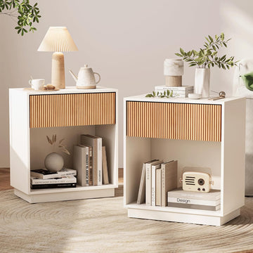 Fluted Nightstands Set of 2, Modern Bedside Table with Drawer and Storage Shelf, Wood End Table Mid Century Night