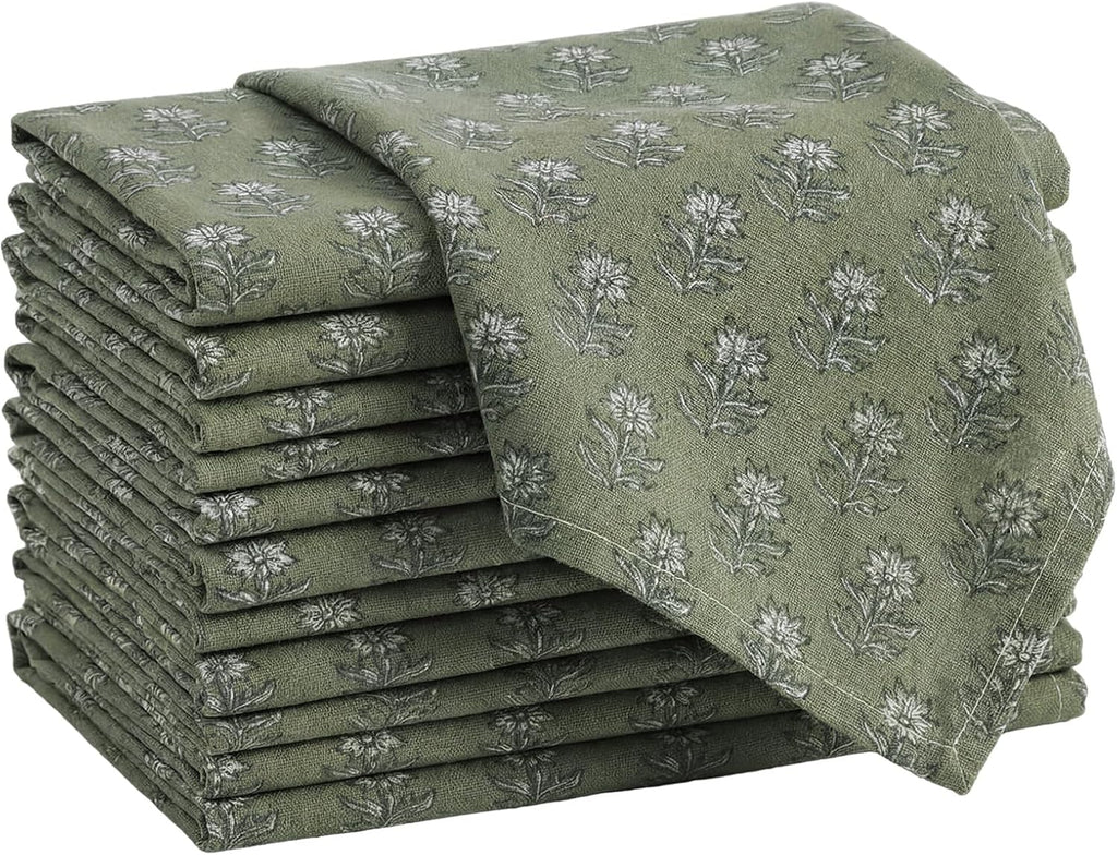 Set of 12 Floral Cloth Napkins Green Linen Cloth Napkins