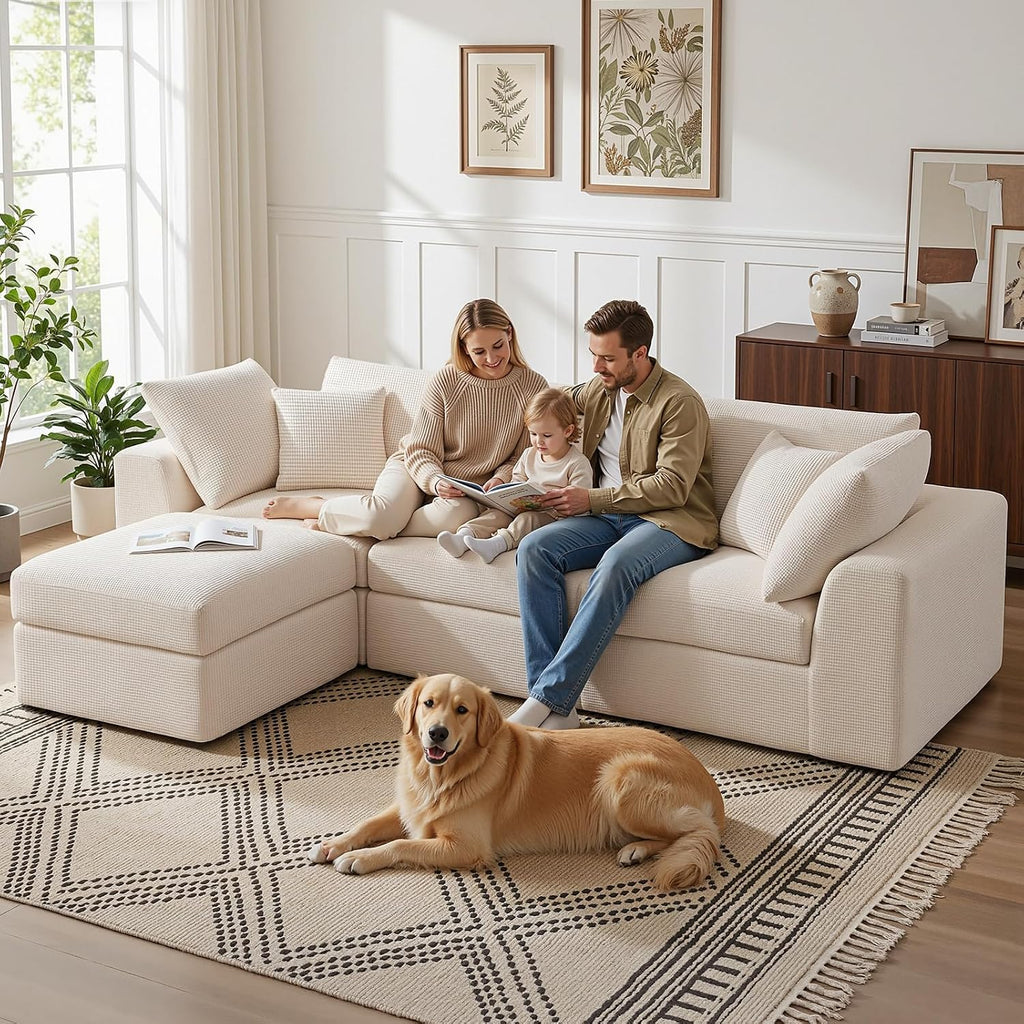 110" Cloud Sectional Couches , L-Shaped Convertible Sofa, 3-Seat Modular Boneless Couch with Movable Ottoman, Beige