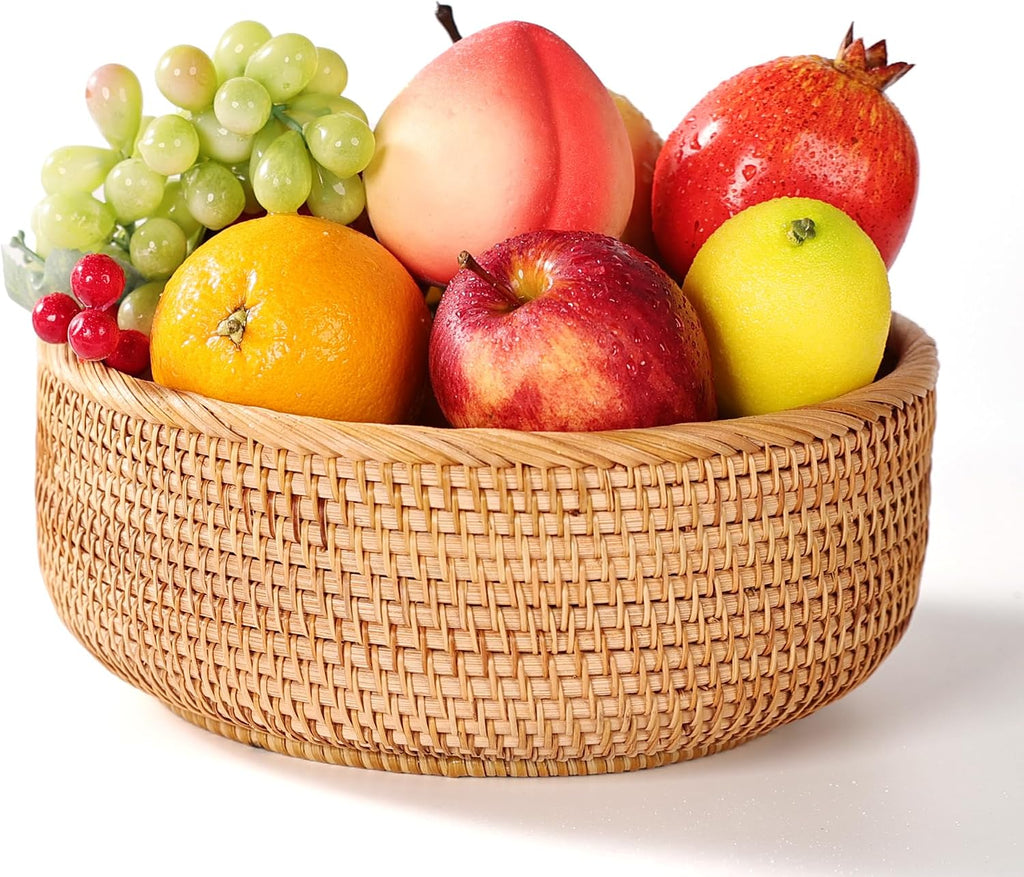 Rattan Bread Basket Set 3, Handwoven Serving Bowls | Honey brown, round wicker, fruit snack bread basket, key bowl