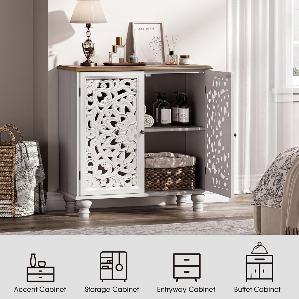 31" Accent Storage Cabinet with Carved Doors,Mandala White | Carved Floral Design, Solid Wood Legs, Boho/Farmhouse