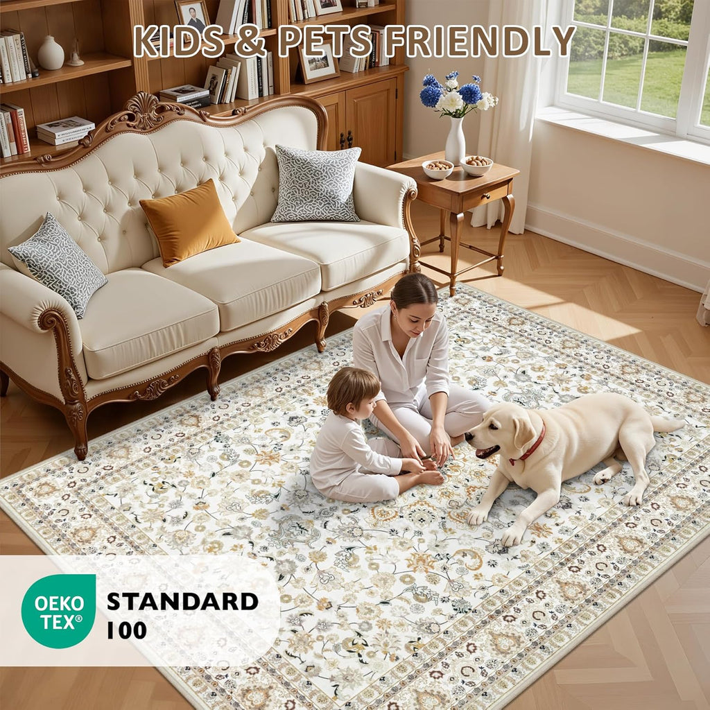 Area Rugs 9x12 Living Room Rug: Washable Rug Soft Vintage Boho Carpet Indoor Floor Non-Slip Stain Re