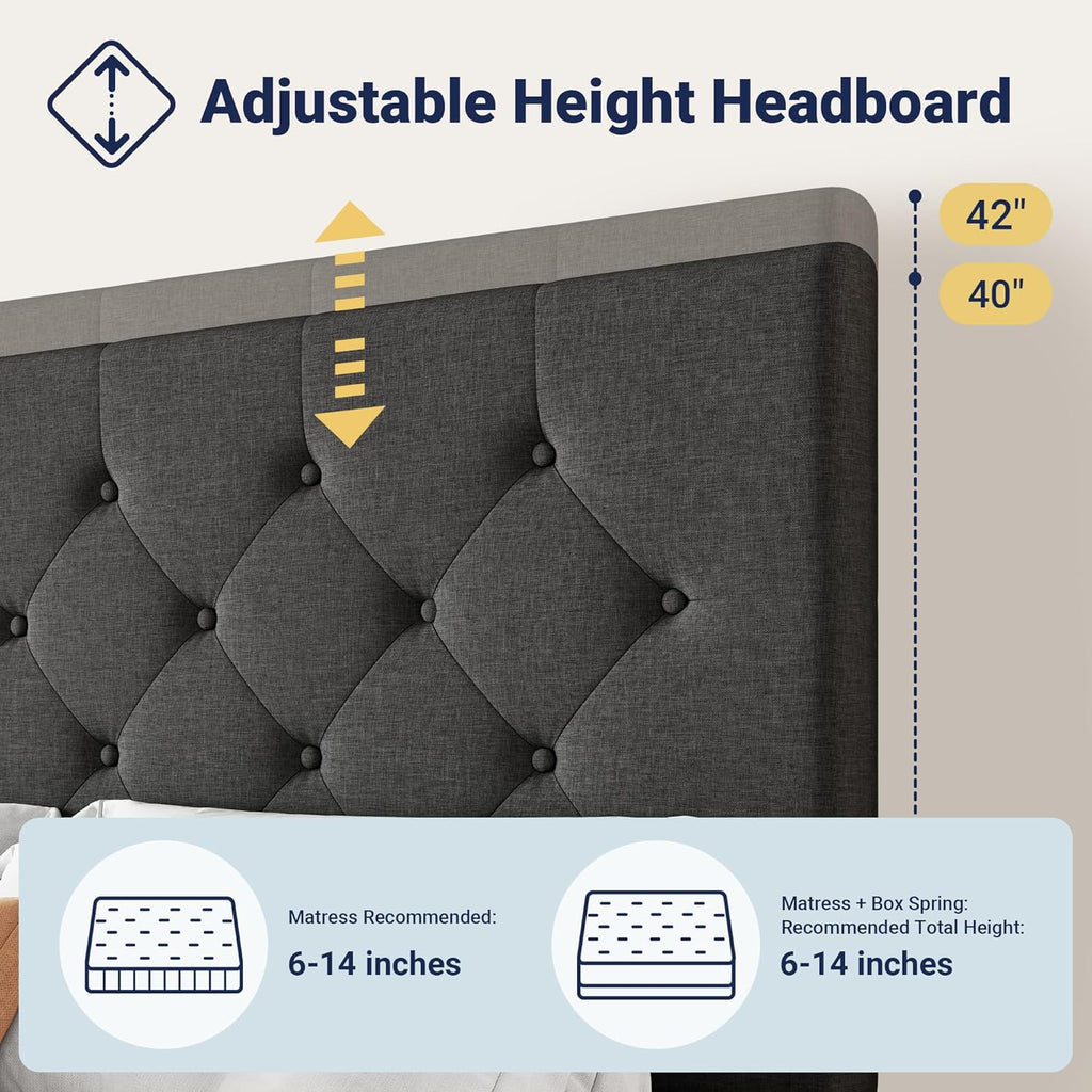 Upholstered Queen Platform Bed Frame with 4 Storage Drawers and Headboard, Diamond Stitched Button Tufted