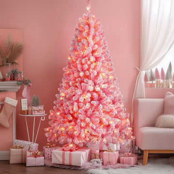 6.5ft Snow Flocked Spruce Pre-lit Artificial Christmas Tree, Pink