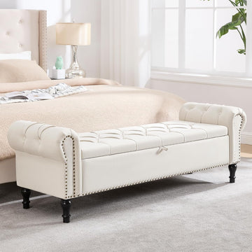67 Inch Storage Bench , King Size End of Bed Bench, Upholstered Bench with Rolled Arms, Linen Tufted Button Storage