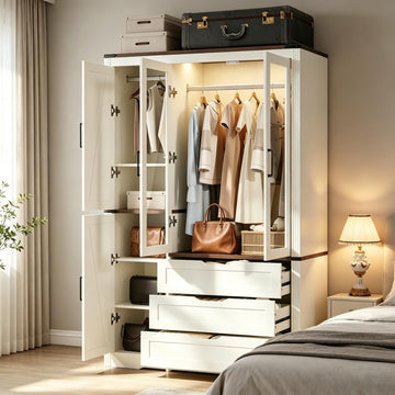 73'' Farmhouse 4 Doors Armoire Wardrobe Closet Antique White