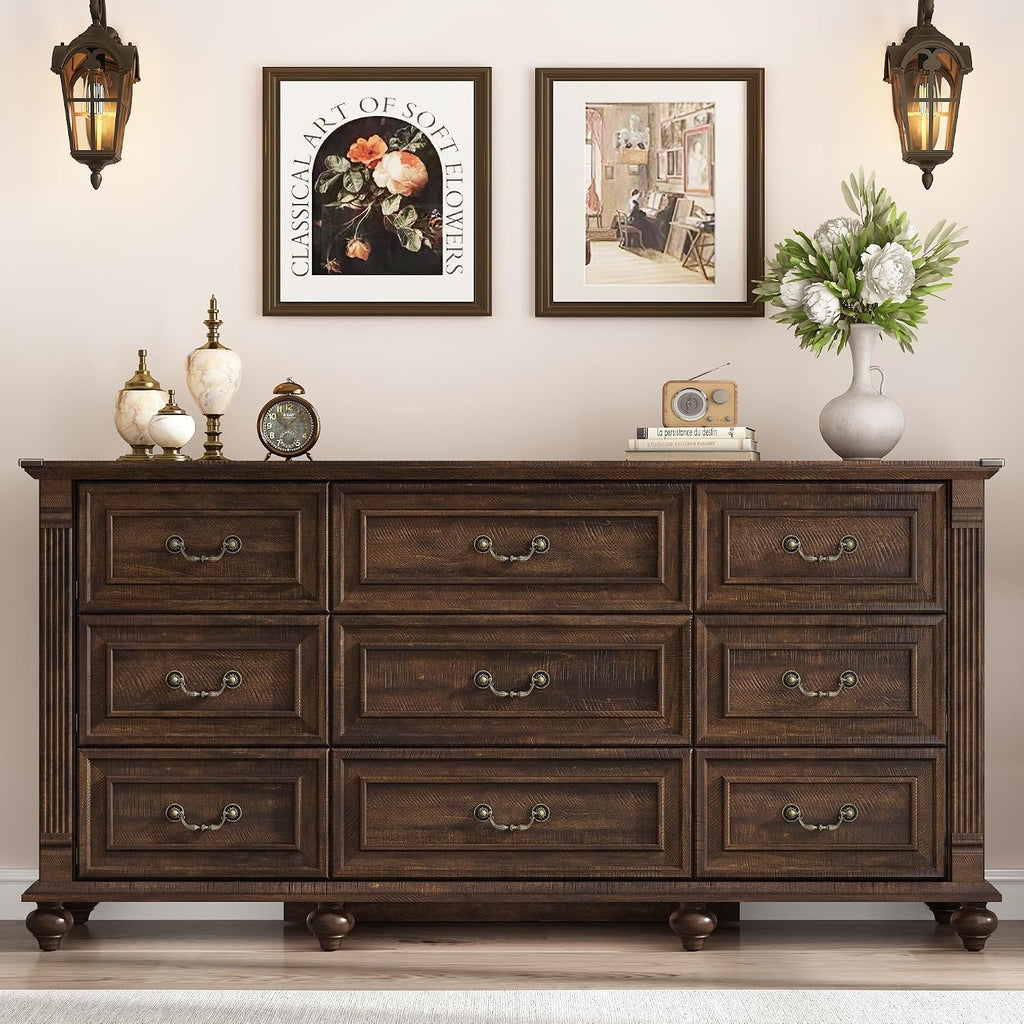 63" Farmhouse 9 Drawer Dresser with 6 Gourd Feet and Roman Column Decor, Wide Wood Country Rustic Chest of Drawers