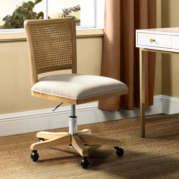 Modern Home Comfortable Upholstered Armless Desk Chair, Adjustable Swivel Rolling Computer Chair with Rattan Mid-Back