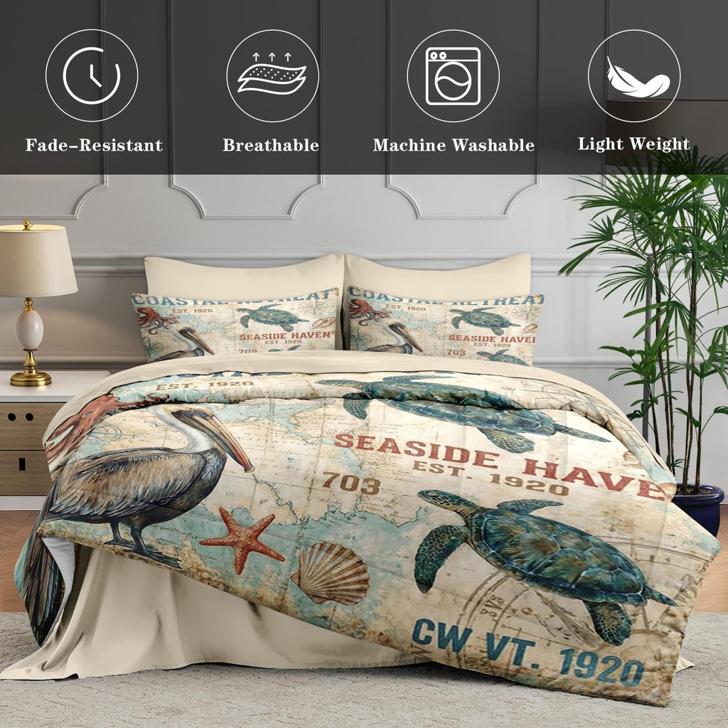 Queen Comforter Set with Sheets, 7 Pieces Coastal Nautical Bedding