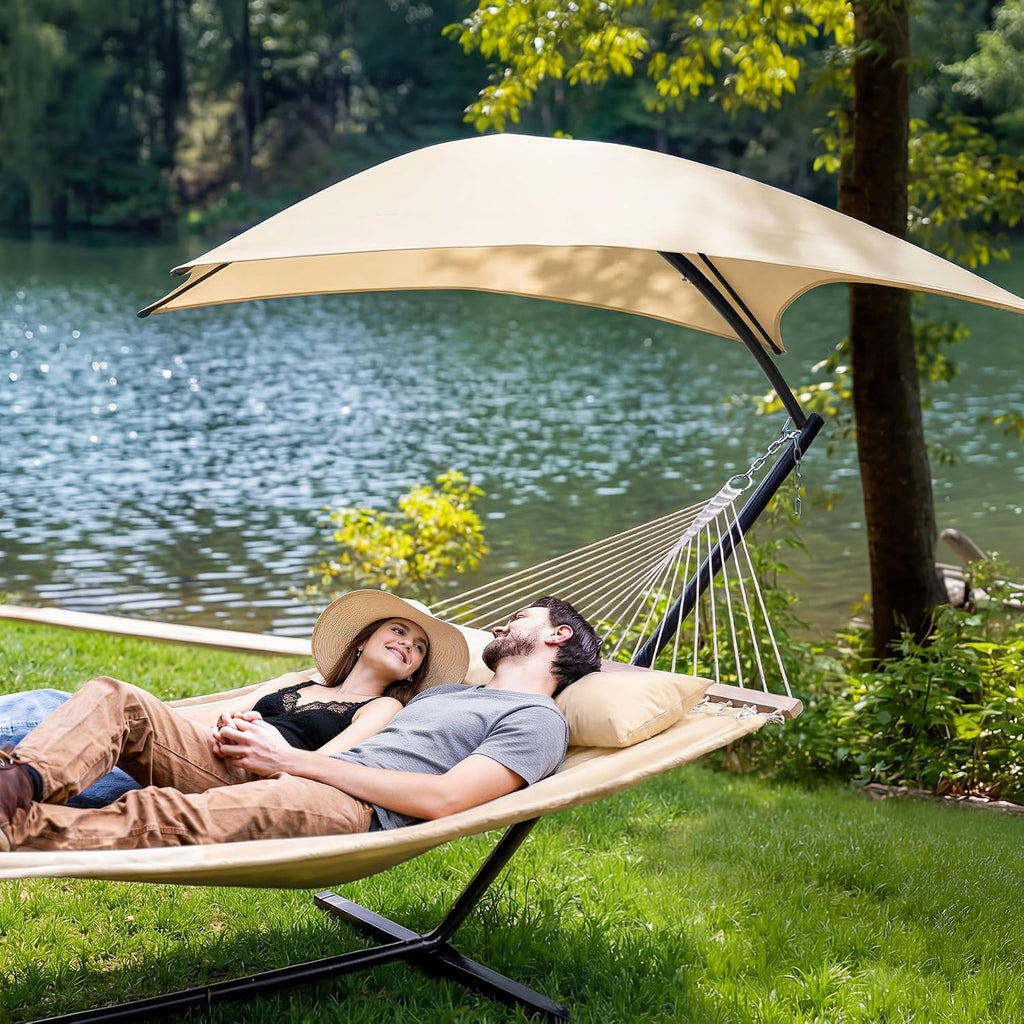 Portable Outdoor Hammock with Stand, Sun-Protective Canopy, Beige | Double Hammock with Stand for Outside, Patent