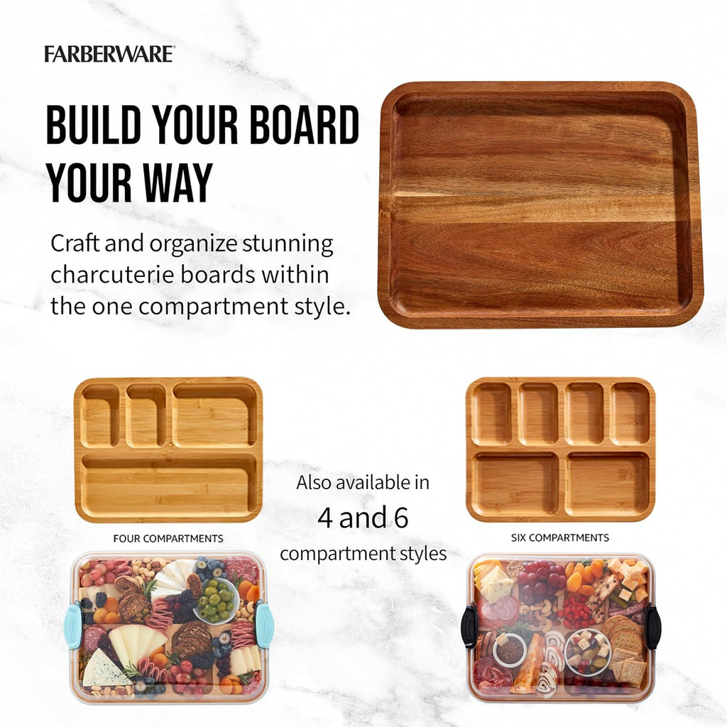 Acacia Wood Cutting Board with Clear Locking Lid, 11x14 Inch Charcuterie Board with Compartments, Reversible Serving