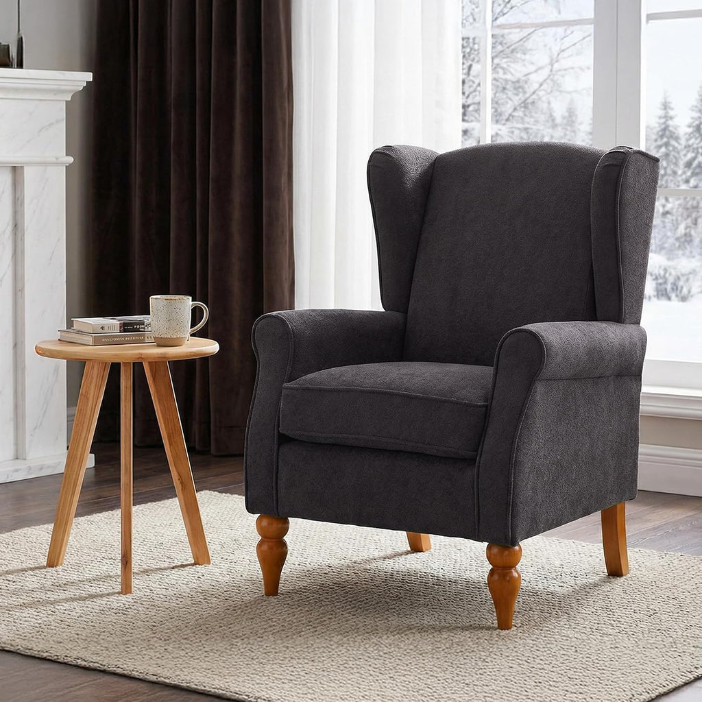 High Back Wingback Accent Chair, Modern Upholstered Armchair Comfy Reading Chair with Solid Wood Legs Bedroom