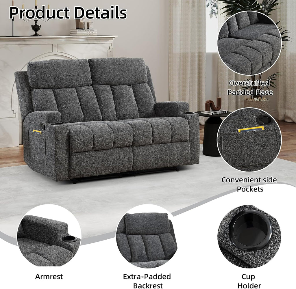 Manual Recliner Sofa Set, Fabric Home Theater Seating with Side Pockets and Cup Holders
