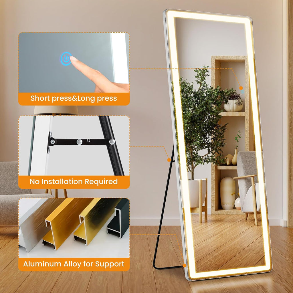 LED Rectangular Full Length Mirror with Light, 71" L x 26" W Full Body Standing Mirror with Shatterproof